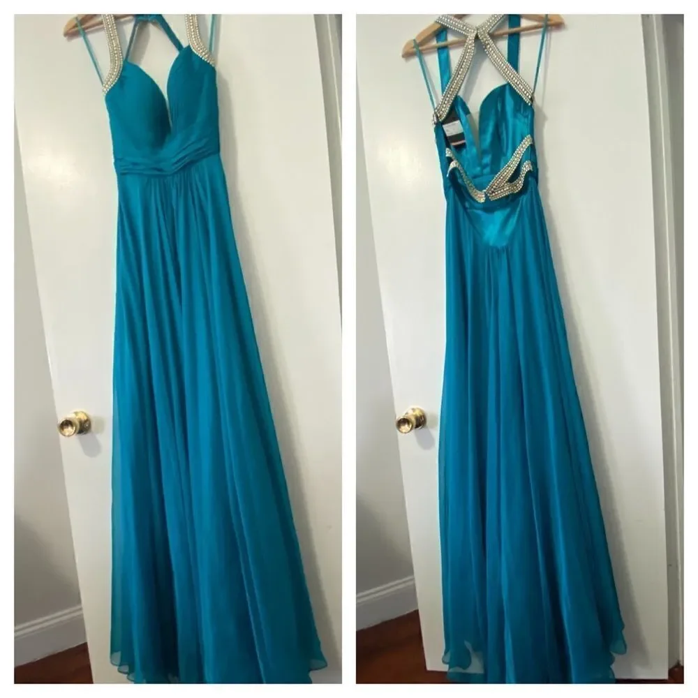 La Femme Dark Turquoise Prom Maxi Dress